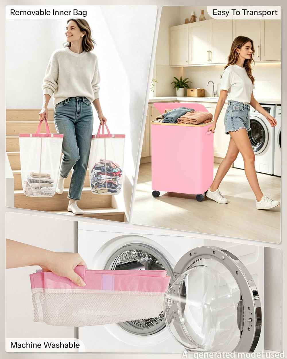 Double Laundry Basket with Wheels and Lid, 150L Clothes Hampers for Laundry