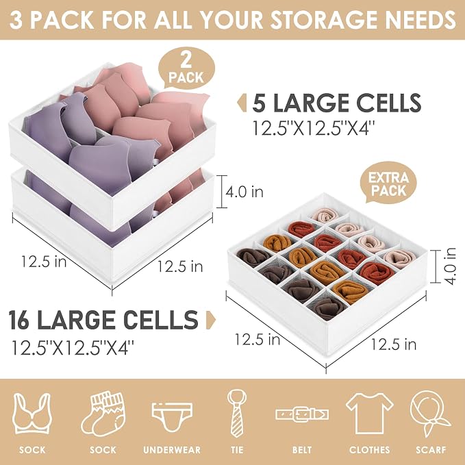 3 Pack Bra Underwear Drawer Organizer Dividers, 26 Cell Fabric Foldable Dresser - Image 2
