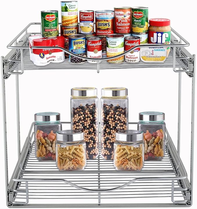 DINDON 2 Tier Pull Out Cabinet Organizer, Double Tier Wire Basket Slide Out