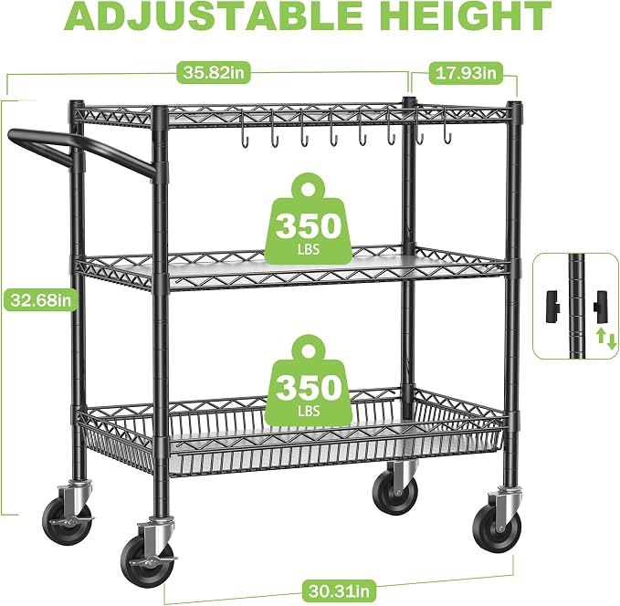 3 Tier Metal Cart with Wheels, Heavy Duty Utility Rolling Cart 1050lbs - Image 2