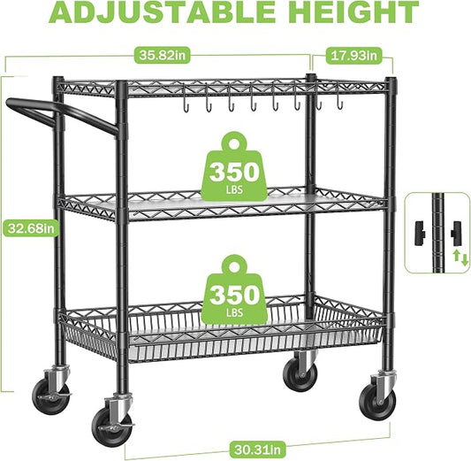3 Tier Metal Cart with Wheels, Heavy Duty Utility Rolling Cart 1050lbs - Image 2