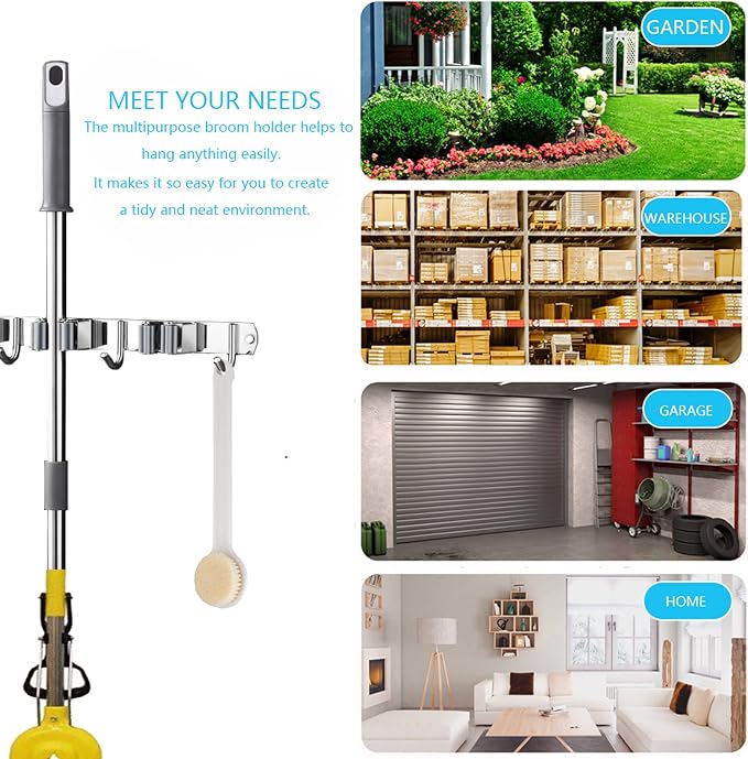 2 Pcs Mop Broom Holder Wall Mounted, Dustpan Holders, Stainless Steel Mop - Image 6