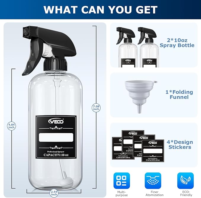 Veco 10oz Spray Bottle with Adjustable Nozzle, 360° Water Spray Bottles - Image 3