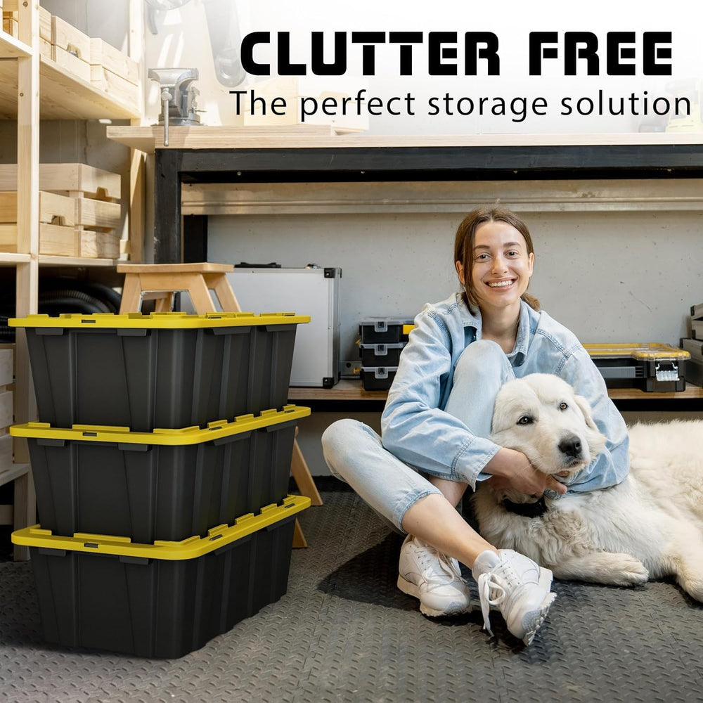 8 PACK of 12 Gallon Medium Black & Yellow Storage Bins | Plastic Tote Org...