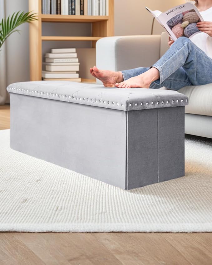 Velvet Storage Ottoman Bench, 43.3" Folding Ottoman - Image 7