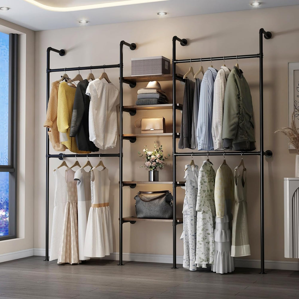 Industrial Pipe Clothing Racks with 5 Shelves, Wall Mounted Clothes Rack for ...