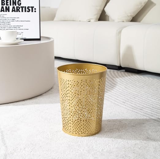 Small Gold Metal Trash Can Wastebasket, Decorative Hollow-Out Garbage Can Waste - Image 3
