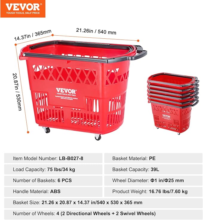 VEVOR Shopping Carts with Handles, 39L Plastic Rolling Shopping Basket with - Image 7