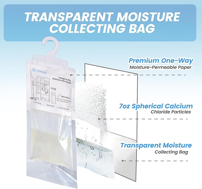 Moisture Absorber Hanging Bags 12 Pack - 7 oz Fragrance-Free Dehumidifier - Image 2