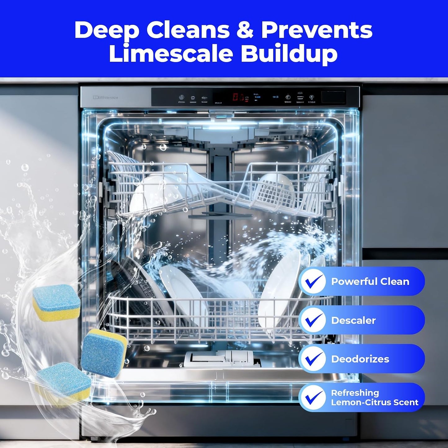 Dishwasher Cleaning Tablets (24 Count) - with Fresh Lemon Scent Dishwasher Cleaner and Deodorizer, Deep Cleans & Descales, Fits All Dishwashers, Septic Safe, 12 Month Supply