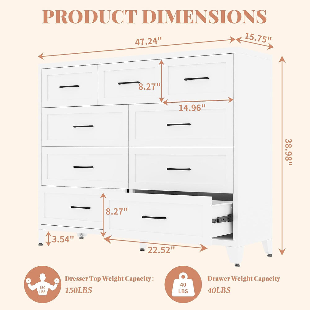 Metal 9-Drawer Dresser for Bedroom, 47" Wide White Steel Chest of Drawer...