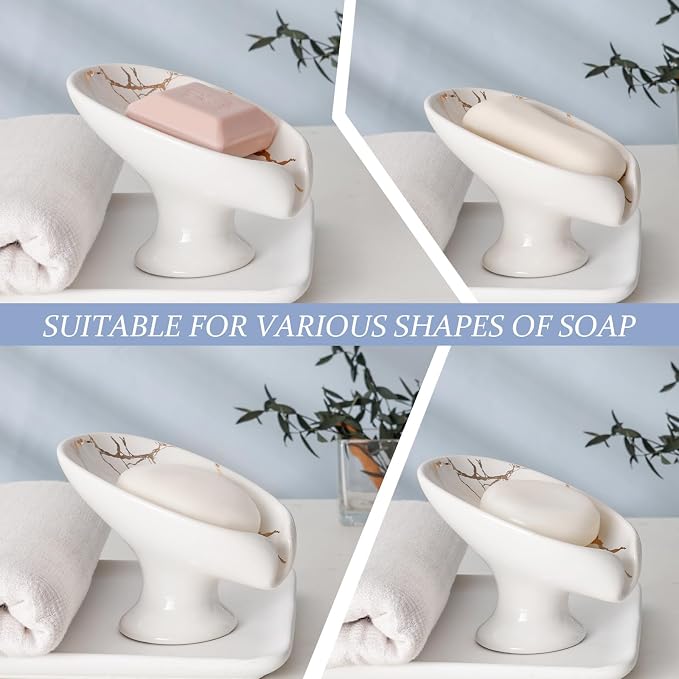 Soap Dish, Soap Holder Self Draining Leaf Shape Soap Dishes, Ceramic Drain Soap - Image 7