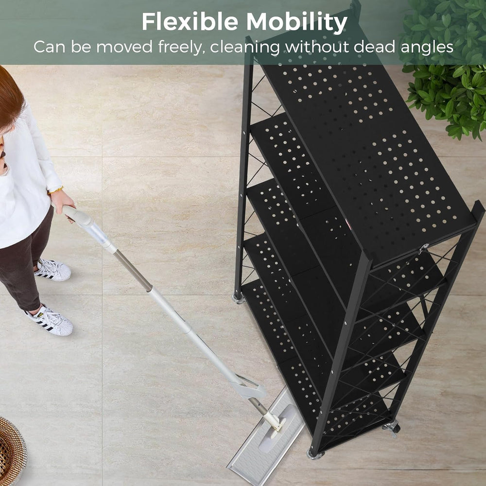 DEANIC 5-Shelf Folding Bookcase with Wheels, Rolling Bookshelf Heavy Duty Sto...
