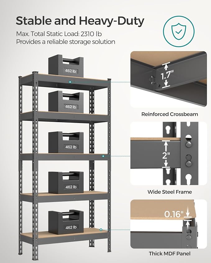 SONGMICS 5-Tier Storage Shelves, Load 2310 lb, Boltless Assembly, Adjustable - Image 4