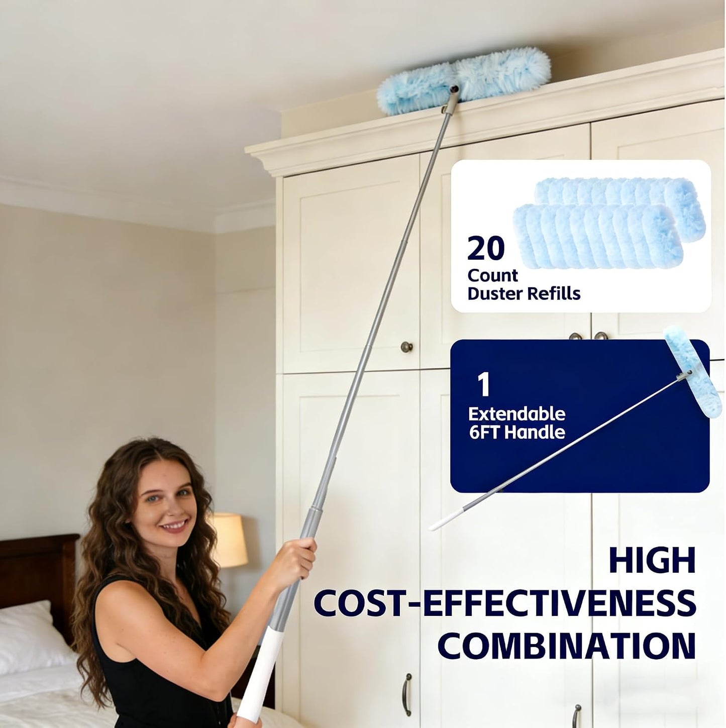 6 ft Extendable Handle with 20 Duster Refills, Heavy Duty Duster Refills Kit Compatible with Swiffer for Ceiling Fan Blades, Cleaning, Dusting, Furniture, Blind, Hard-to-Reach Areas