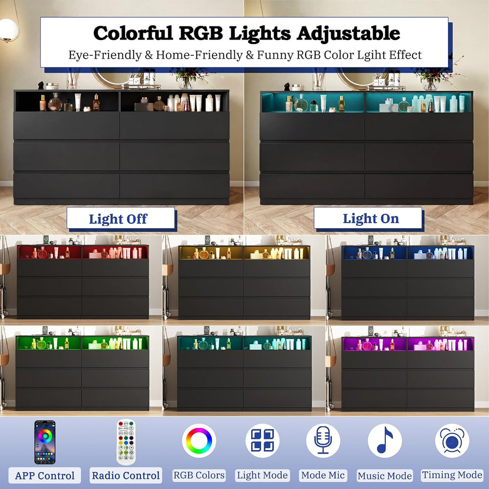 Premium 6 Drawers 2 Shelves 47"L Bedroom Black Dresser with RGB Lights