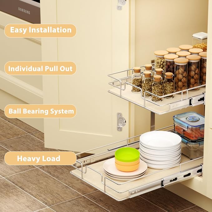 ROOMTEC 2 Tier Individual Pull Out Cabinet Organizer 10½"W x 21½"D, Slide Out - Image 5