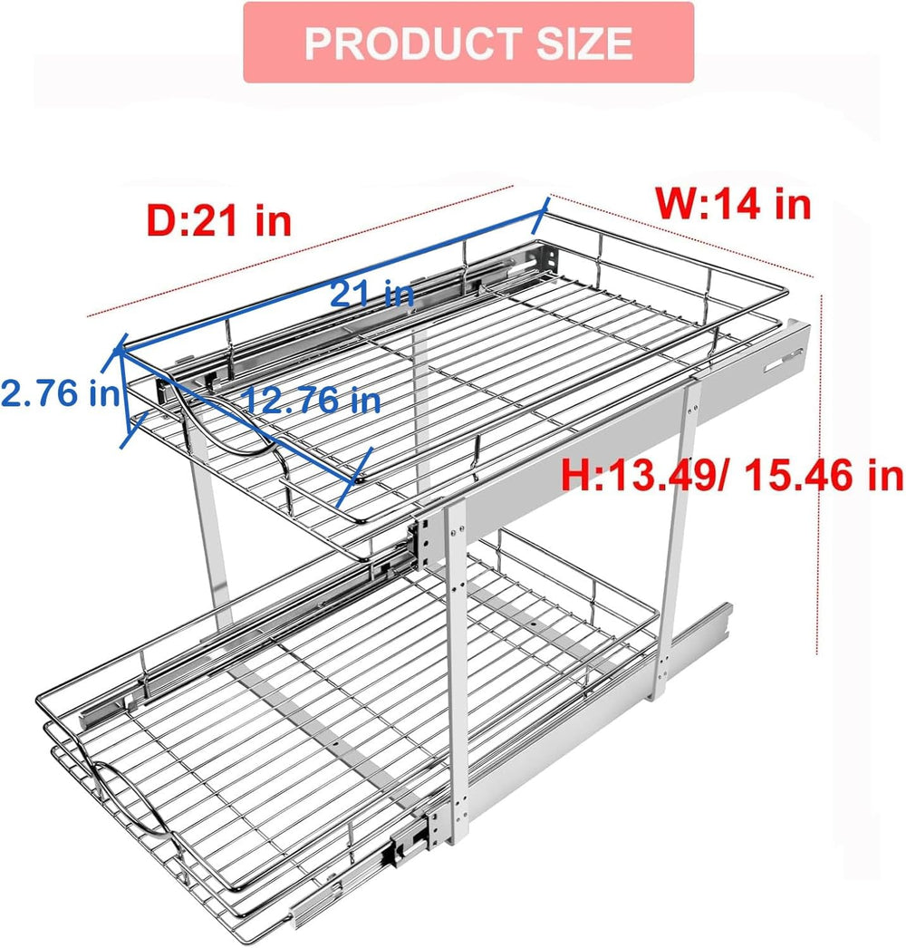 Sikarou Pull Out Cabinet Organizer 14"W 21"D 2-Tier Slide Out Stora...