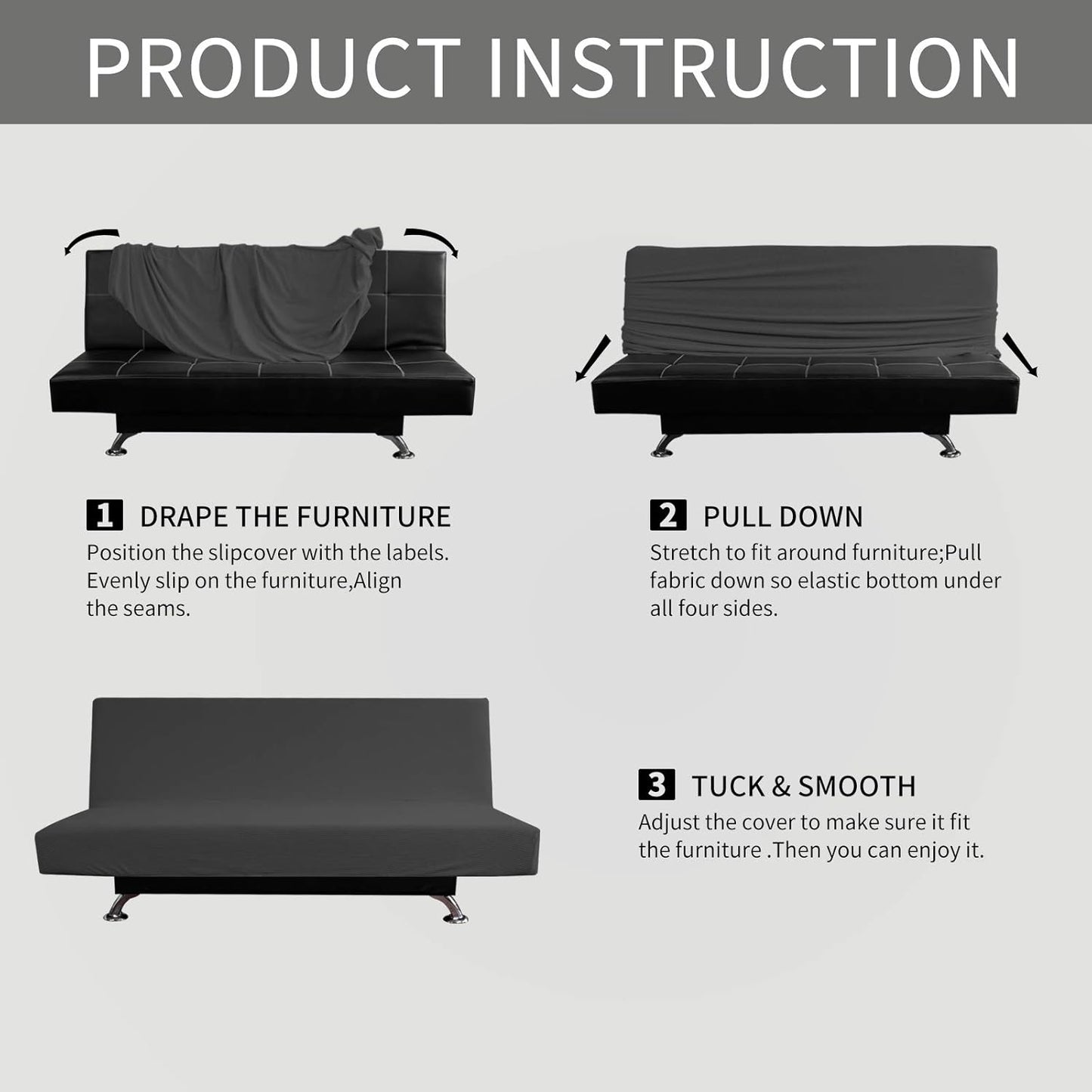 Easy-Going Stretch Futon Slipcover Armless Futon Bed Cover Furniture Protector Without Armrests with Elastic Bottom for Kids, Soft Jacquard Fabric Small Checks (Large, Dark Gray)