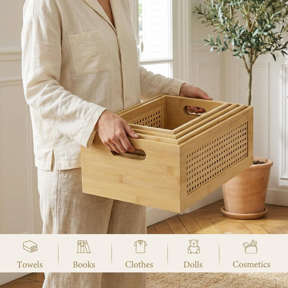 Rattan Wooden Box Set of 4 Handmade Decorative Storage Basket with Handles