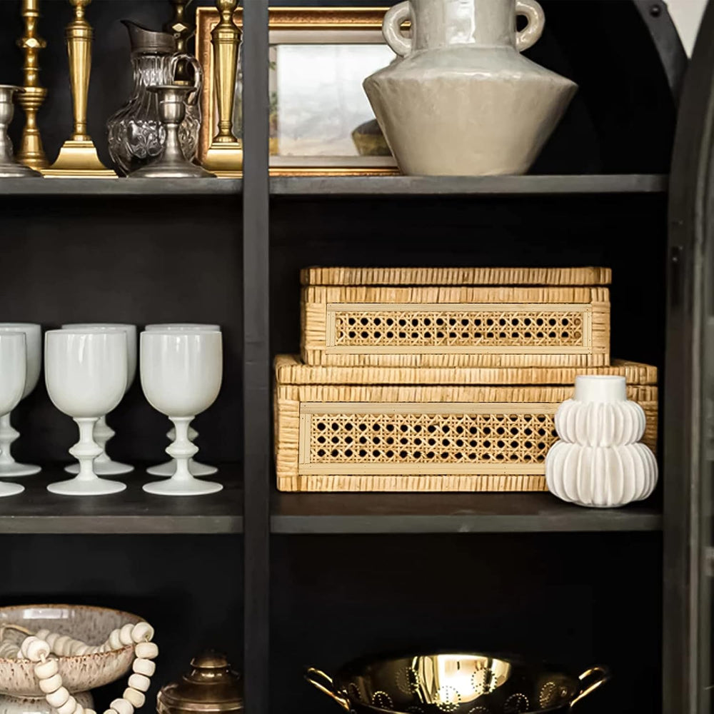 Large Handwoven Boho Rattan Display Boxes with Glass Lids Set of 2