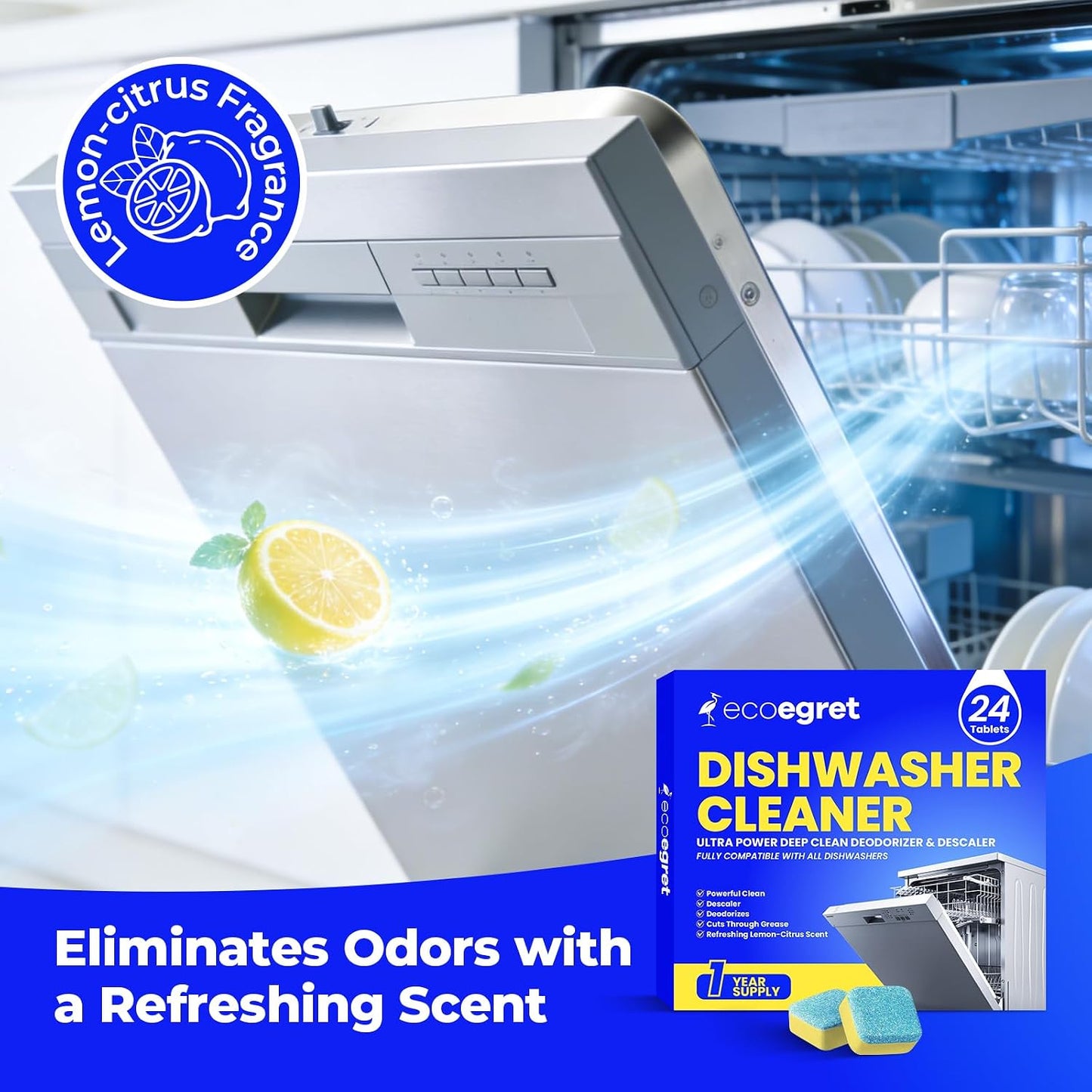 Dishwasher Cleaning Tablets (24 Count) - with Fresh Lemon Scent Dishwasher Cleaner and Deodorizer, Deep Cleans & Descales, Fits All Dishwashers, Septic Safe, 12 Month Supply