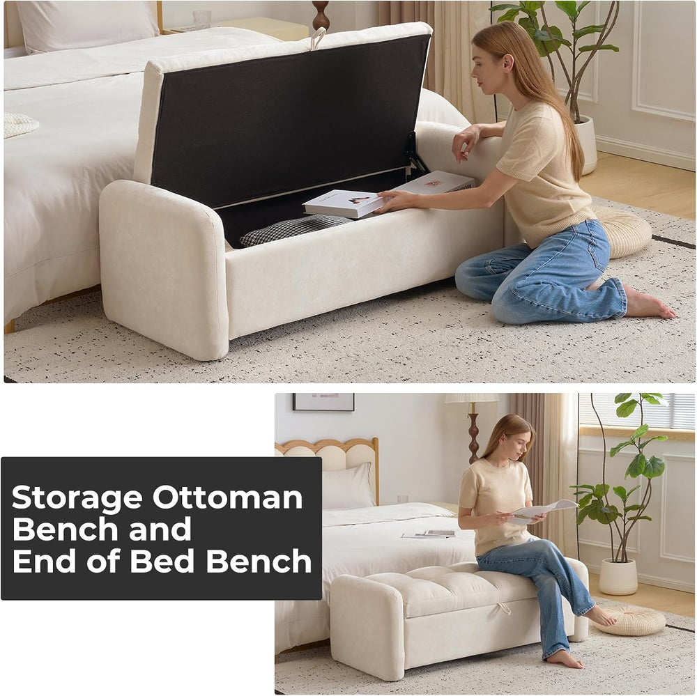 Oversized Ottoman Bench with Storage, Chenille Beige