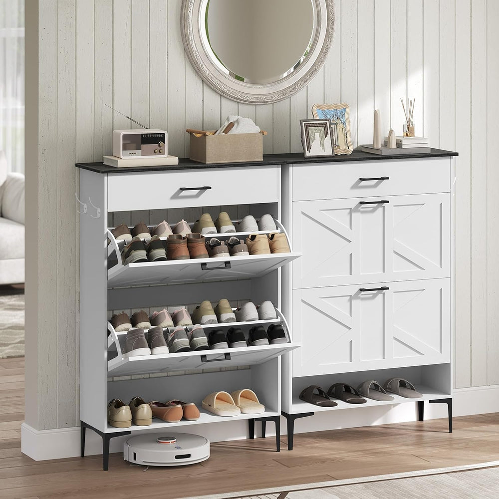 MAHANCRIS Shoe Cabinet with 2 Flip Drawers, Farmhouse Shoe Storage Cabinet fo...
