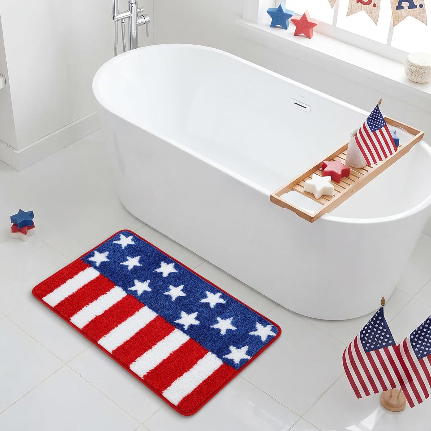 Moutina American Flag Patriotic Bathroom Rugs 17x29 Inch, Soft and Absorbent Tufted 4th of July Rug Non Slip Washable, Memorial Day Bathroom Decor Bath Mat Holiday Decorations
