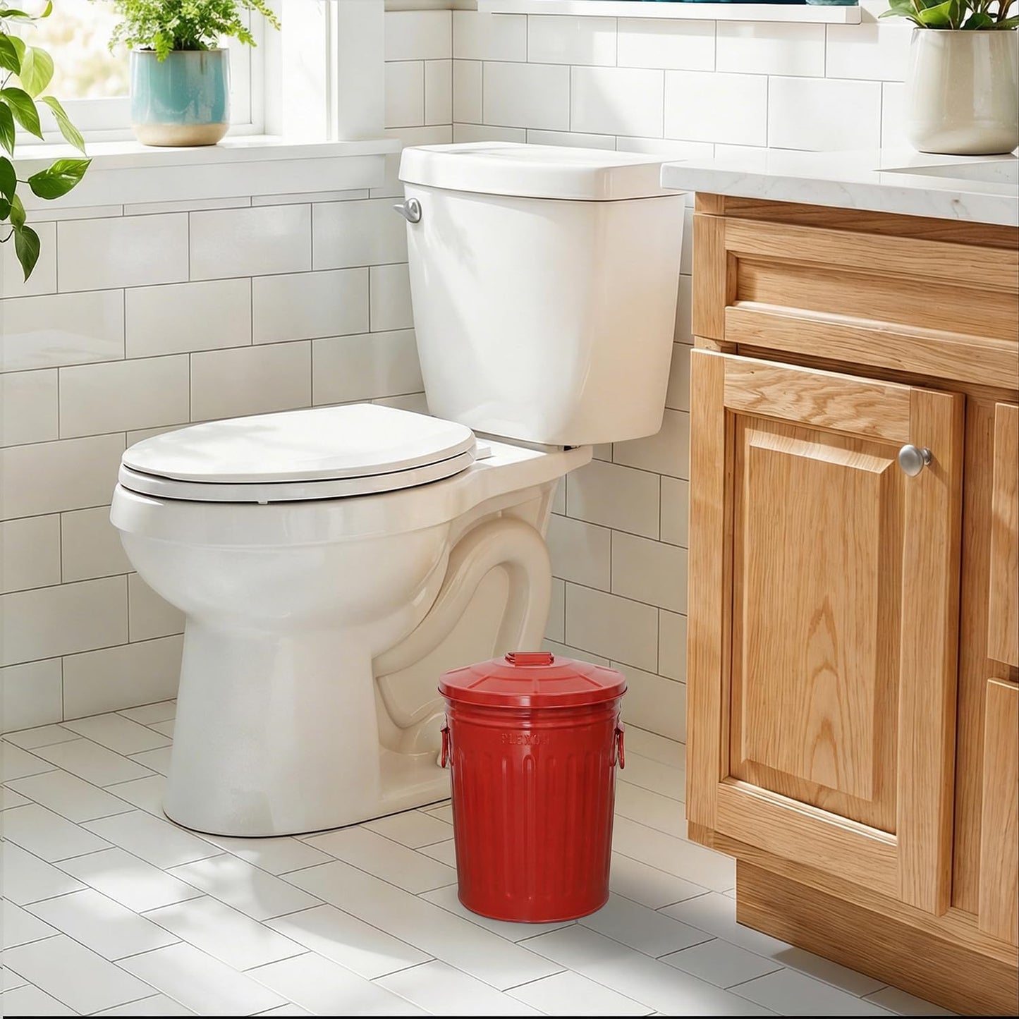 Plexon 2 Gallon Small Metal Trash Can with Lid Bathroom Garbage Can with Lid Bathroom Trash Can for Bedroom Office Kitchen Indoor Waste Basket, Round Powder Coated Red Bucket