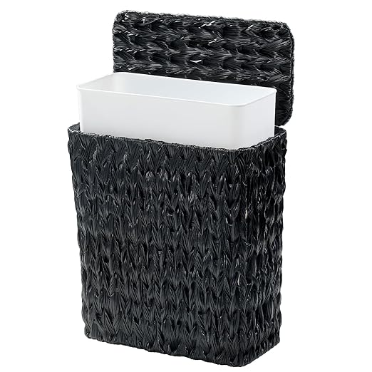 Black Wicker Trash Can with Lid and Liner, Waterproof Narrow Waste Basket by WEAVECOMFORTINTOEVERYCORNER