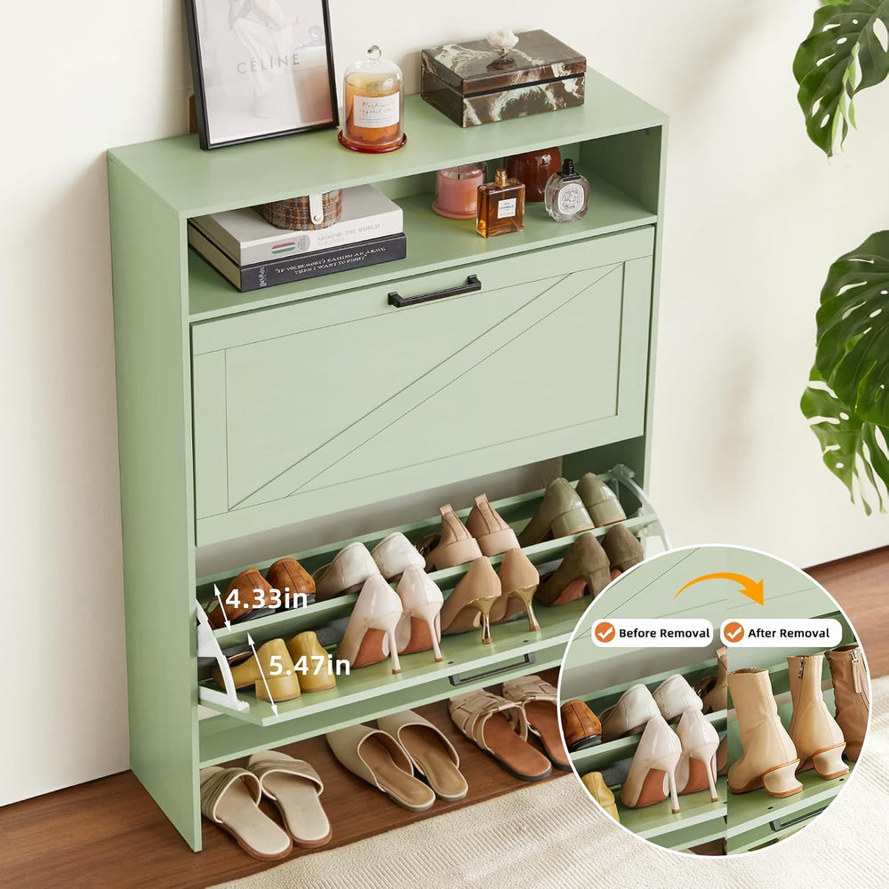 RWYHG Shoe Cabinet with 2 Flip Drawers, Narrow Entryway Organizer,Green