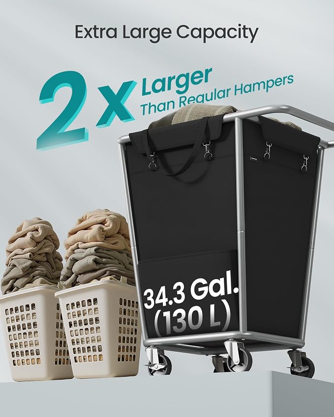 SONGMICS Laundry Basket with Wheels, 34.3 Gallons Rolling Laundry Hamper with - Image 3
