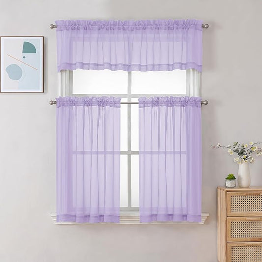 Chyhomenyc Sheer Lilac Tier Curtains 24 Inch Length, Small Window Curtains - Image 2