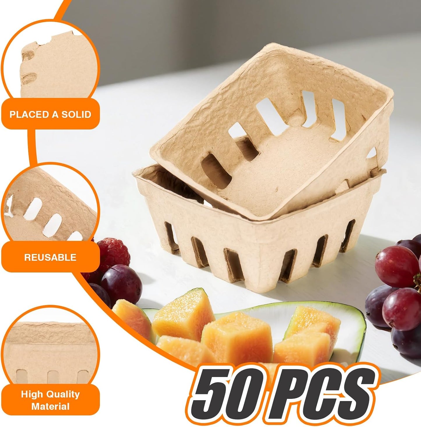 50 Pack Mini Natural Pulp Fiber Berry Basket | Small Basket Containers for Farmers Market Produce,Fruit Stand Supplies,Vegetables,Strawberry,Blueberry,Raspberry,Egg