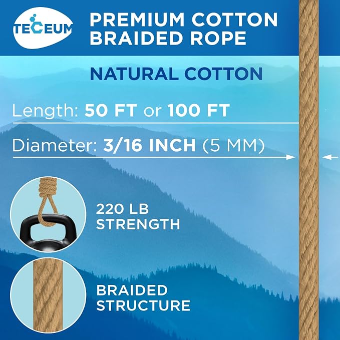 TECEUM Cotton Rope 3/16” – 100 FT – Strong All-Purpose Braided Rope – Natural - Image 2
