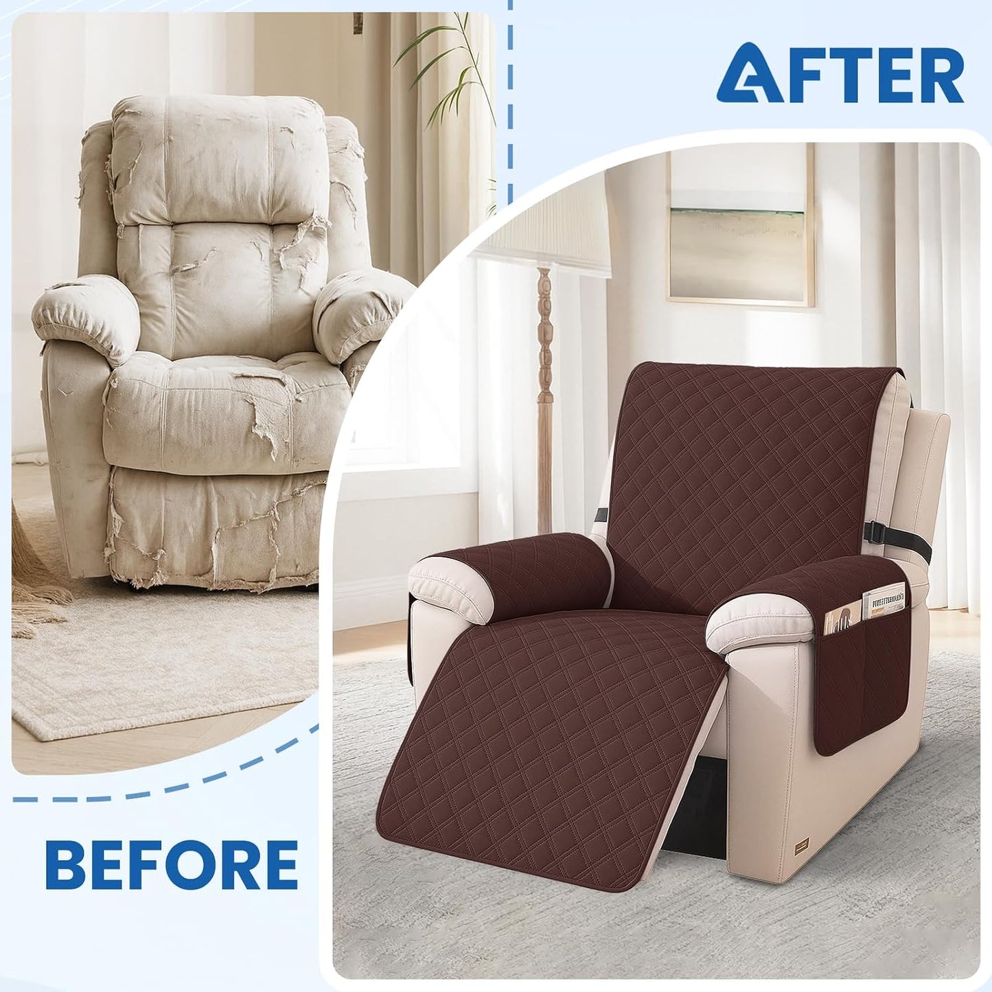 Waterproof Recliner Chair Covers, Recliner Covers that Stay in Place, Electric Recliner Cover, Recliner Covers Washable with Pocket, Elastic Straps for Kids, Pets, Dogs (Brown, 23")