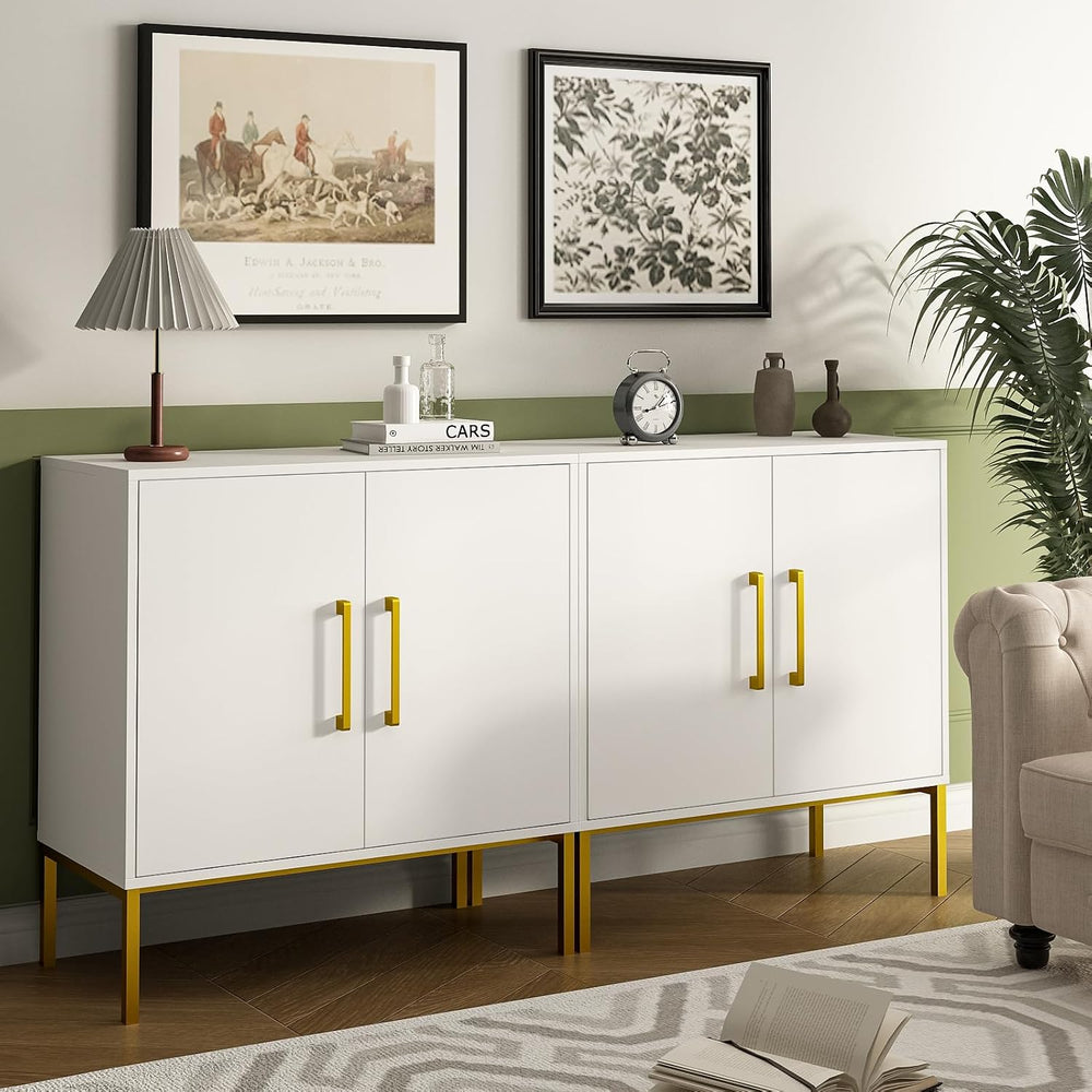 3 Set of Storage Buffet Cabinet with Gold Handles and Metal Legs, White丨Frees...
