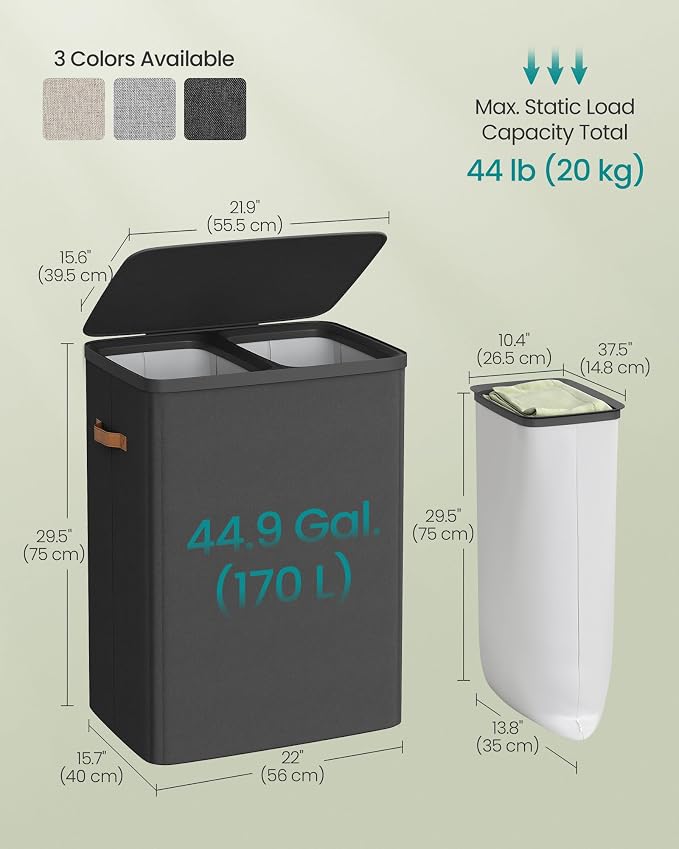 SONGMICS Laundry Basket, 44.9 Gal. Laundry Hamper, 2 Compartments, Easy Assembly - Image 6