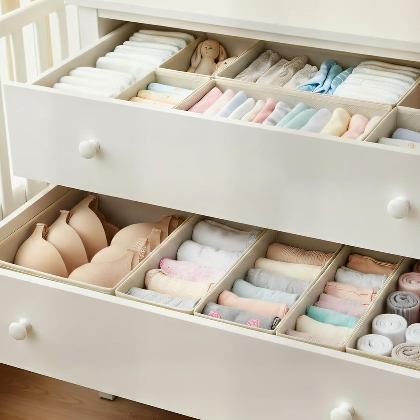 Drawer Organizer Set 6 Pack - Foldable Fabric Storage Bins with Zipper Bottom for Underwear Socks Bras Baby Clothes - Closet Dresser Organizers Dividers for Bedroom Nursery, Beige