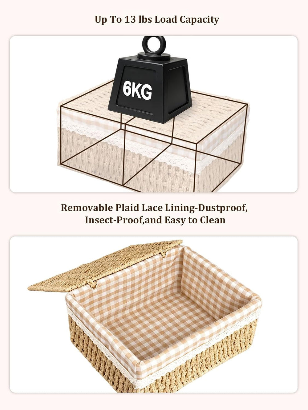 Set of 3 Wicker Storage Baskets with Lid and Liner Woven Storage Bins