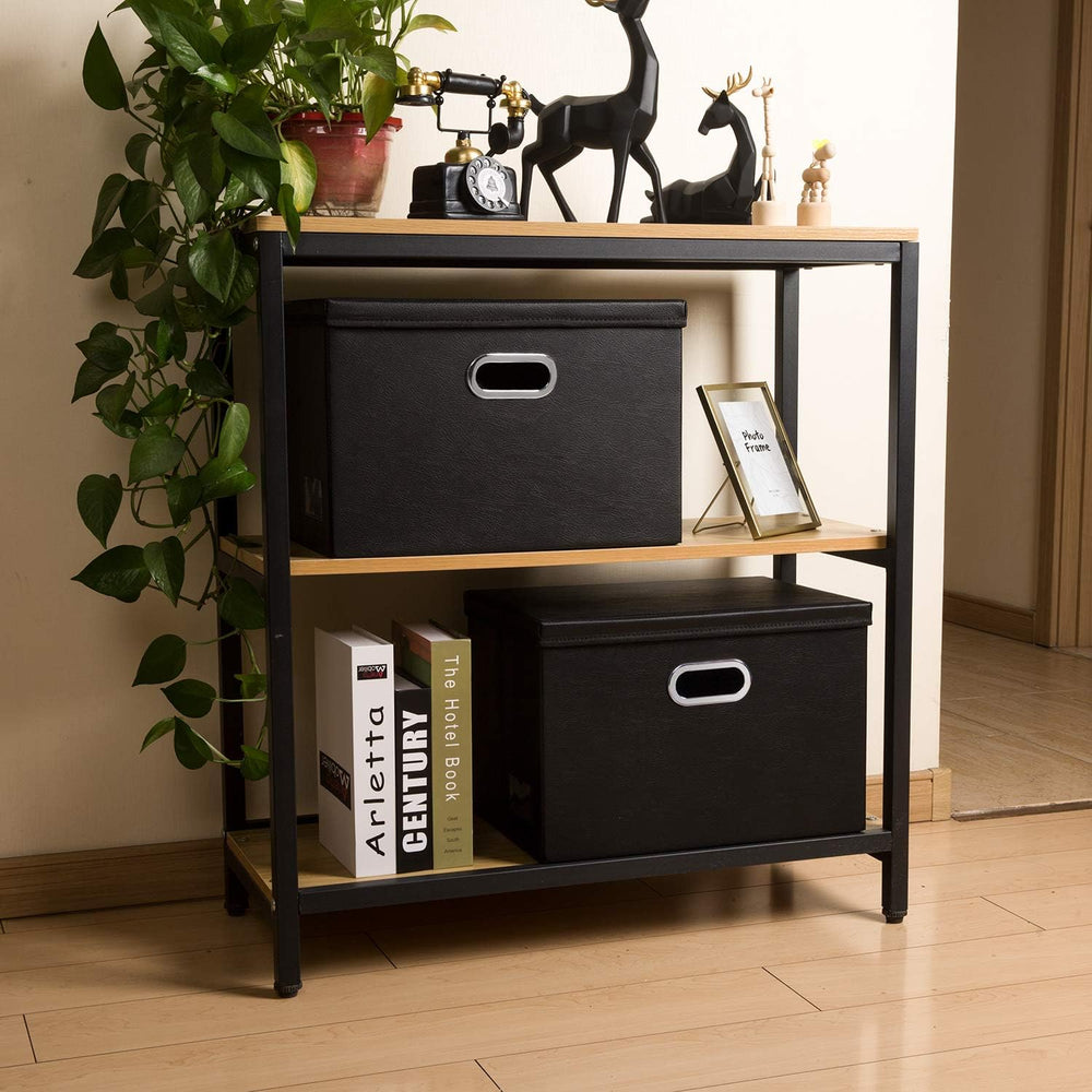 PRANDOM Large Foldable Storage Bins with Lids [3-Pack] Leather Fabric Collaps...