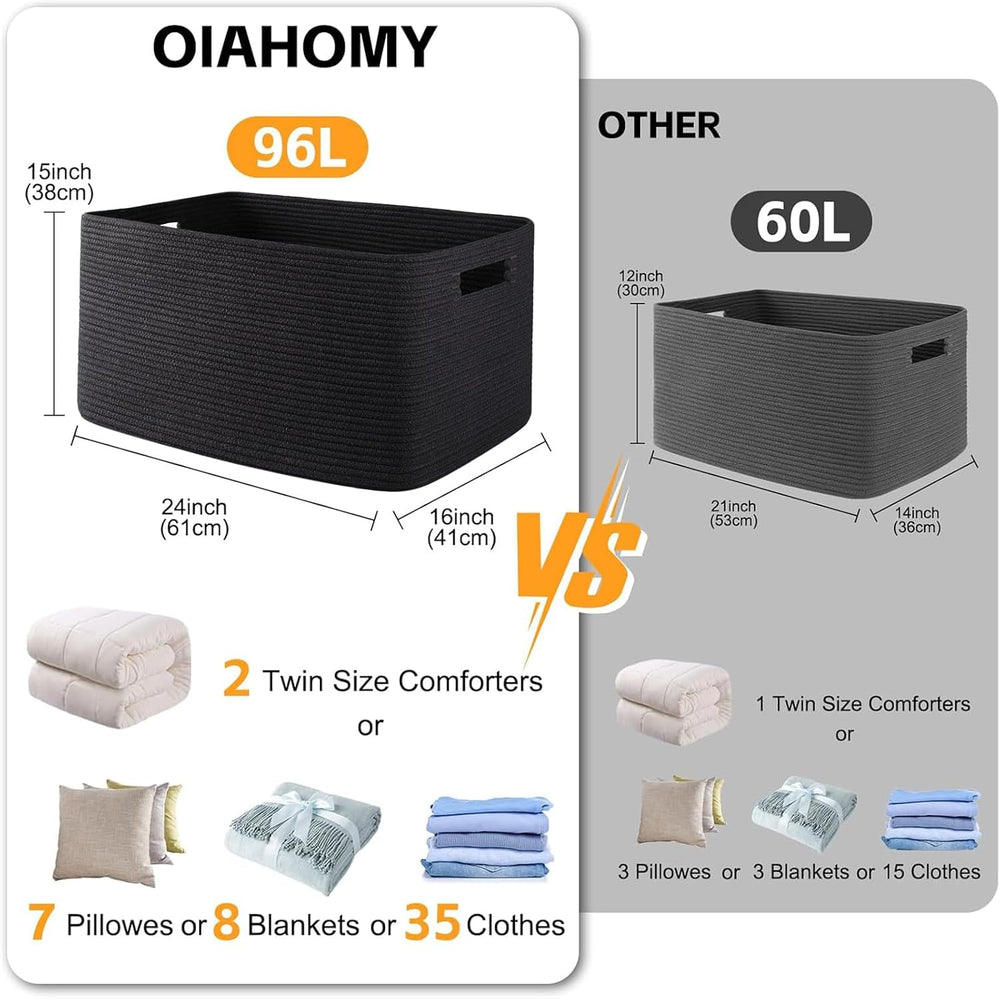 OIAHOMY 96L XXXLarge Blanket Basket Woven Cotton Rope Storage Basket Black