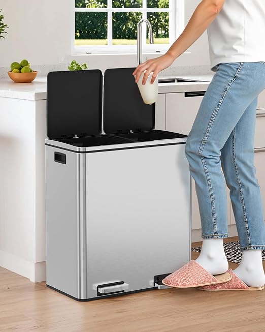 Arlopu 16 GallonStainless Steel Trash Can, 60L Dual Compartment, Metal Kitchen - Image 8