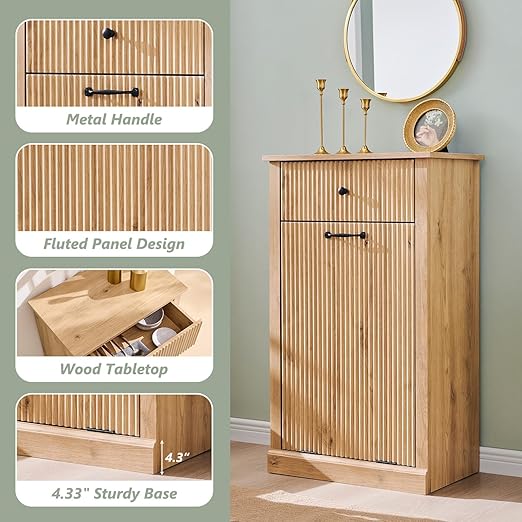 Modern Tilt-Out Trash Can Cabinet, 10 Gallon Fluted Laundry Hamper Cabinet - Image 4