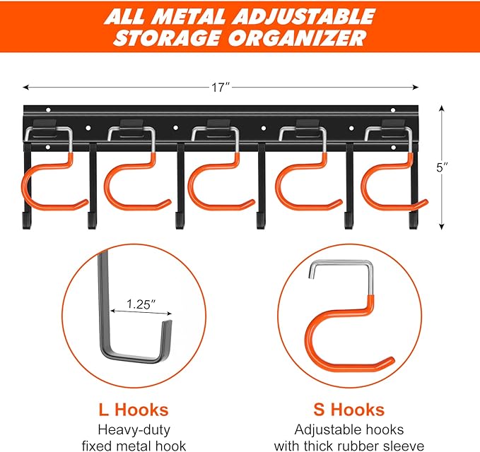17'' All Metal Garden Tool Organizer Adjustable Garage Tool Organizer Wall - Image 2