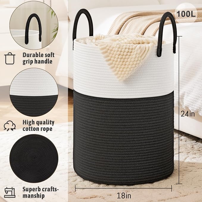 Laundry Basket, Woven Cotton Rope Laundry Hamper, 100L - Image 6