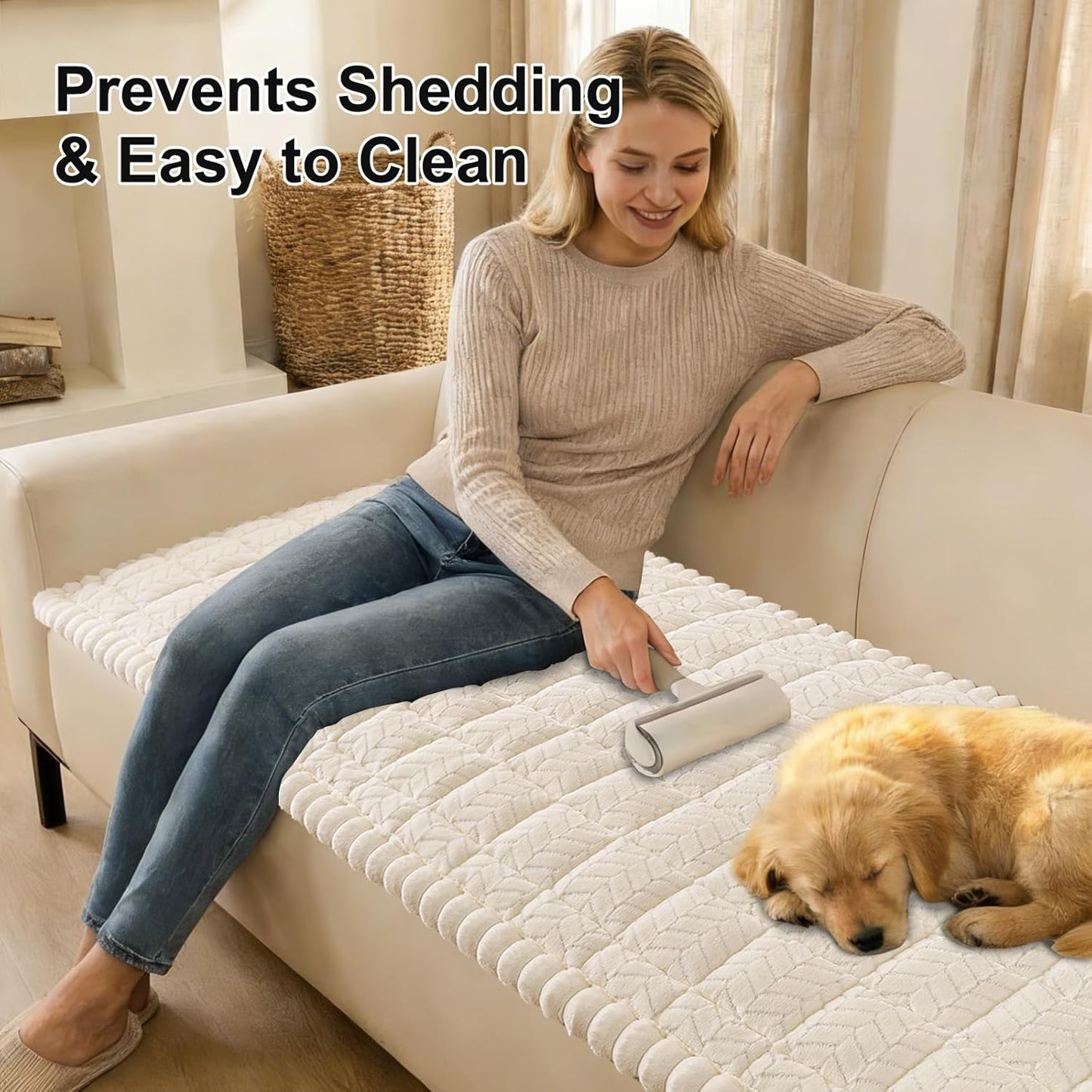 Smiry Couch Cover for Dogs, Non Slip Fuzzy Pet Sofa Covers Washable for 2-3 Cushion Couch, Soft Thick Furniture Protector for Cats Dogs, Against Fur, Dirt, Scratch Resistant (Beige, 27.6"x59")