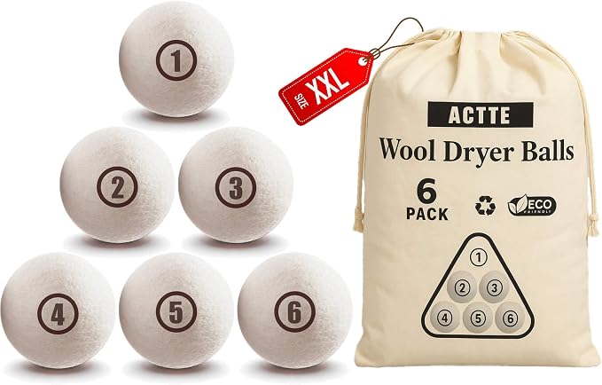 Sheep Wool Dryer Balls 6 Pack XXL Premium Natural Fabric Softener, Reusable by ACTTE