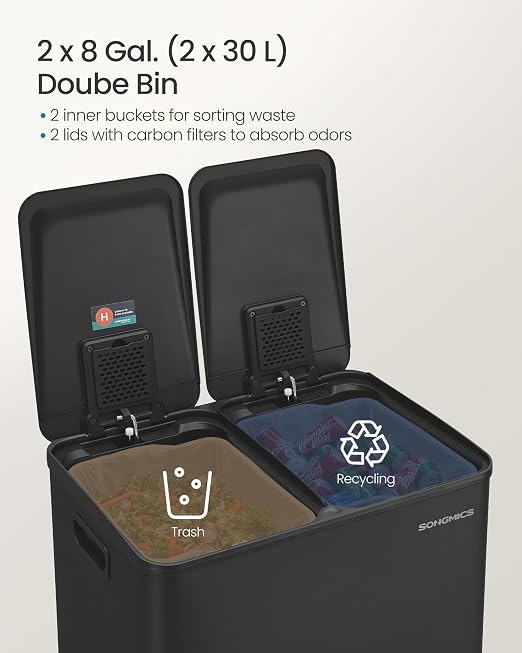 SONGMICS Trash Can, 2 x 8 Gallon Dual-Compartment Garbage Can - Image 3